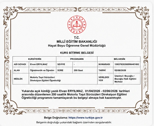 M.E.B. onaylı Motorlu Taşıt Sürücüleri Direksiyon Eğitmeni kurs bitirme belgesi